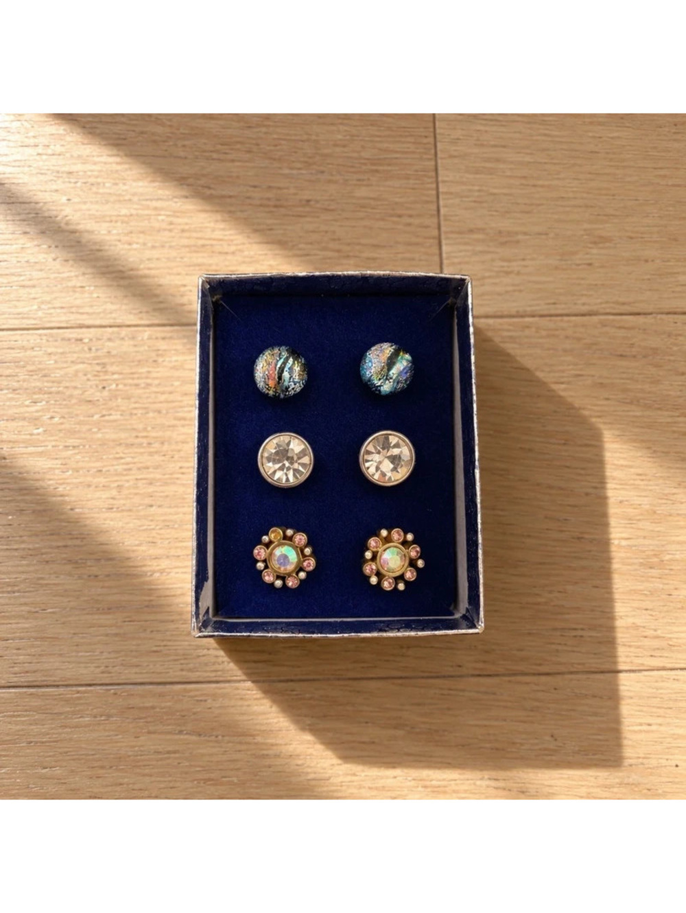 Vintage Stud Earrings Lot 3 Pairs Rhinestone Iridescent Crystal Costume Jewelry
